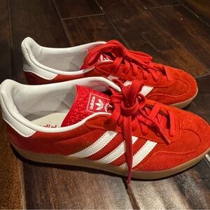 Adidas Red Suede Sneakers with White Stripes